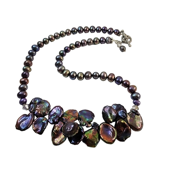 Artisan Jewelry - Keishi pearl necklace + off round pearls dark peacock blue silver toggle clasp